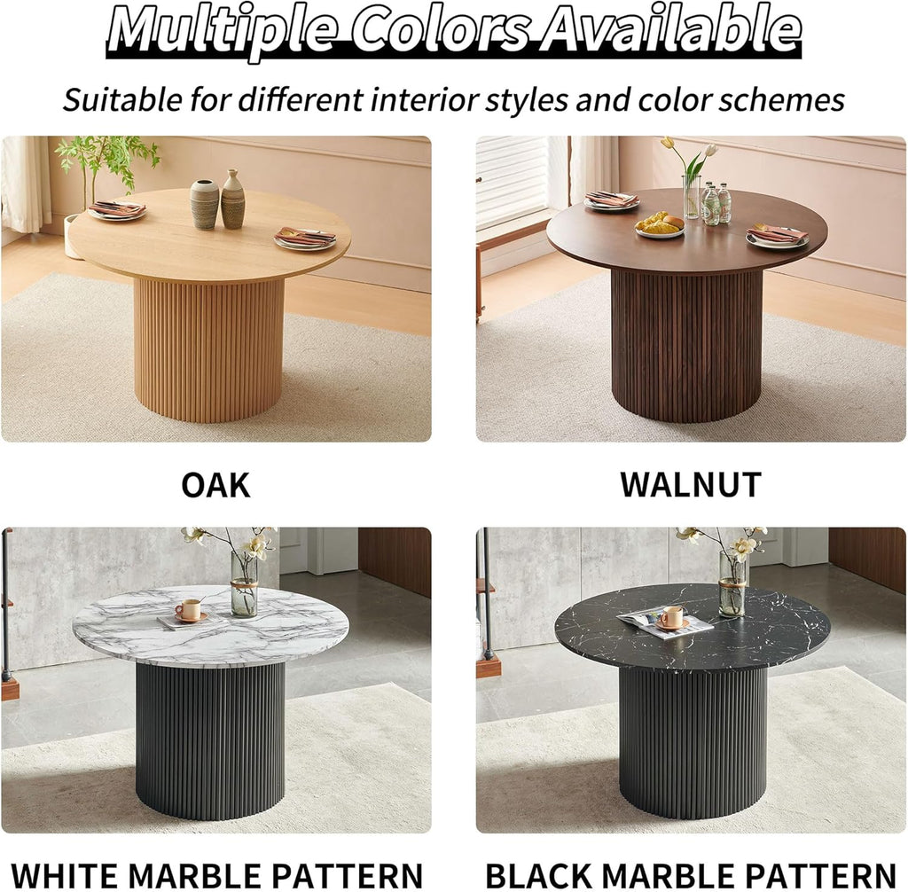 47" Round Dining Table for 4, Modern Farmhouse Wood Veneer Top with MDF Striped Base, Kitchen & Dining Room Tables