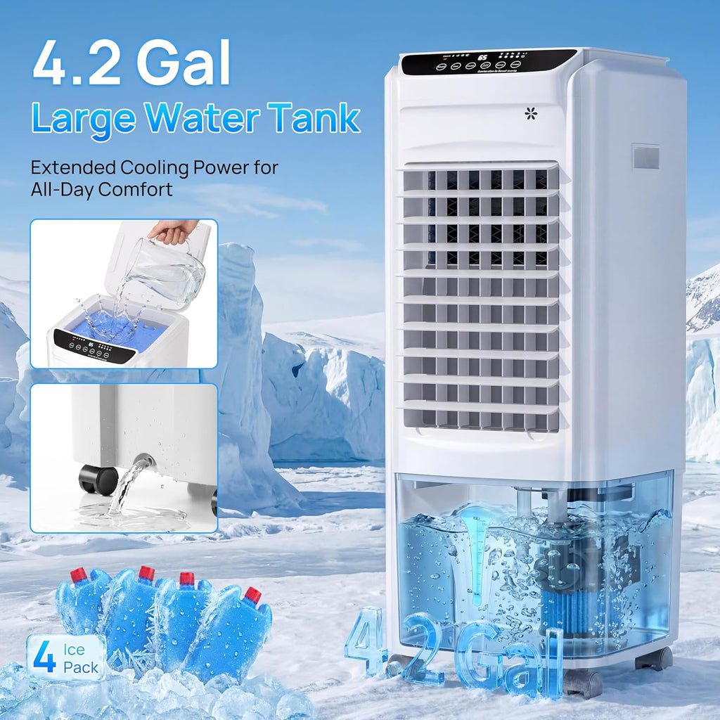 Swamp Cooler, 1800 CFM Windowless Portable Air Conditioner with 4.2 Gal Water Tank,120° Swing, 12H Timer, 3 Modes