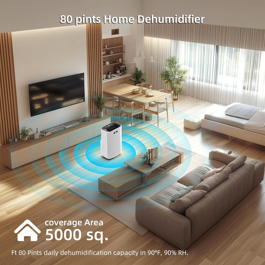 5000 Sq.Ft Dehumidifier for Basement with Drain Hose, 80 Pint Dehumidifiers for Home with Large 6.5L Water Tank