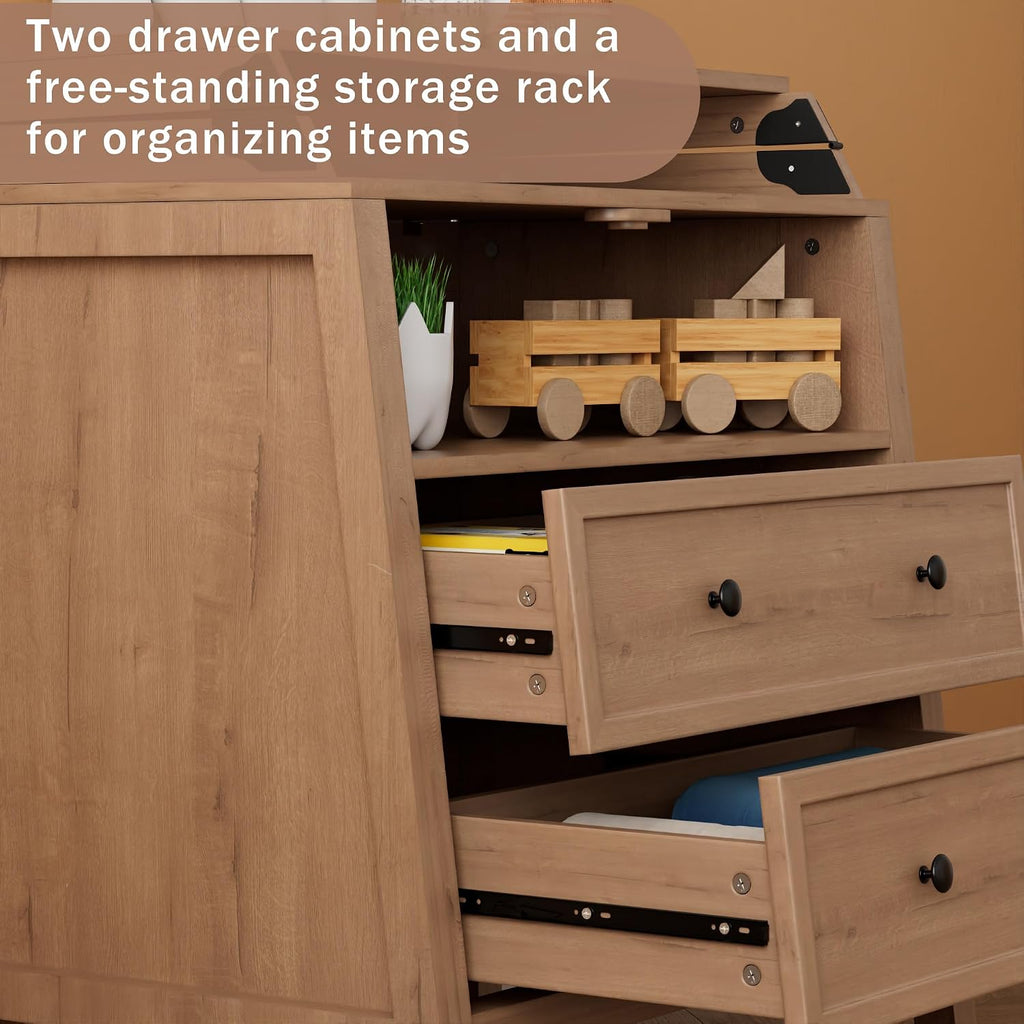 Changing Table Dresser with Foldable Tabletop, Baby Dresser with 2 Wide Drawers & Open Storage Space, Modern Diaper