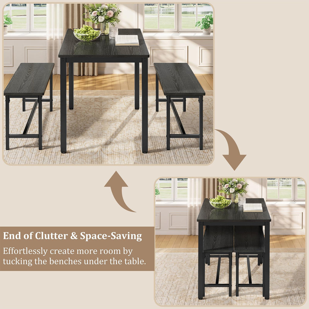Dining Table Set for 4, 3-Piece Kitchen Table with 2 Benches, Black