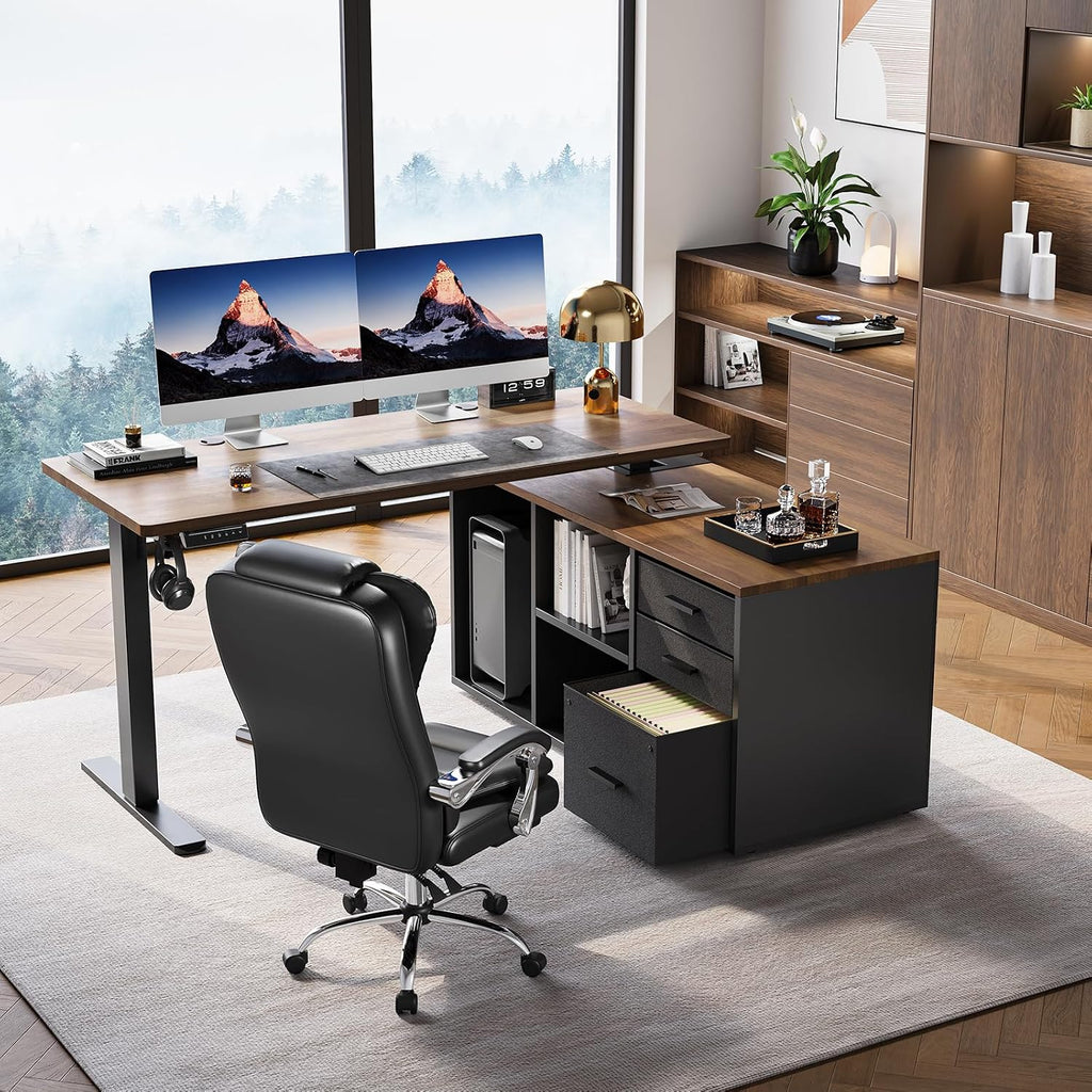 55′′ L Shaped Standing Desk with Drawers, Height Adjustable,Walnut | Electric Executive Desk with File Cabinet Sets