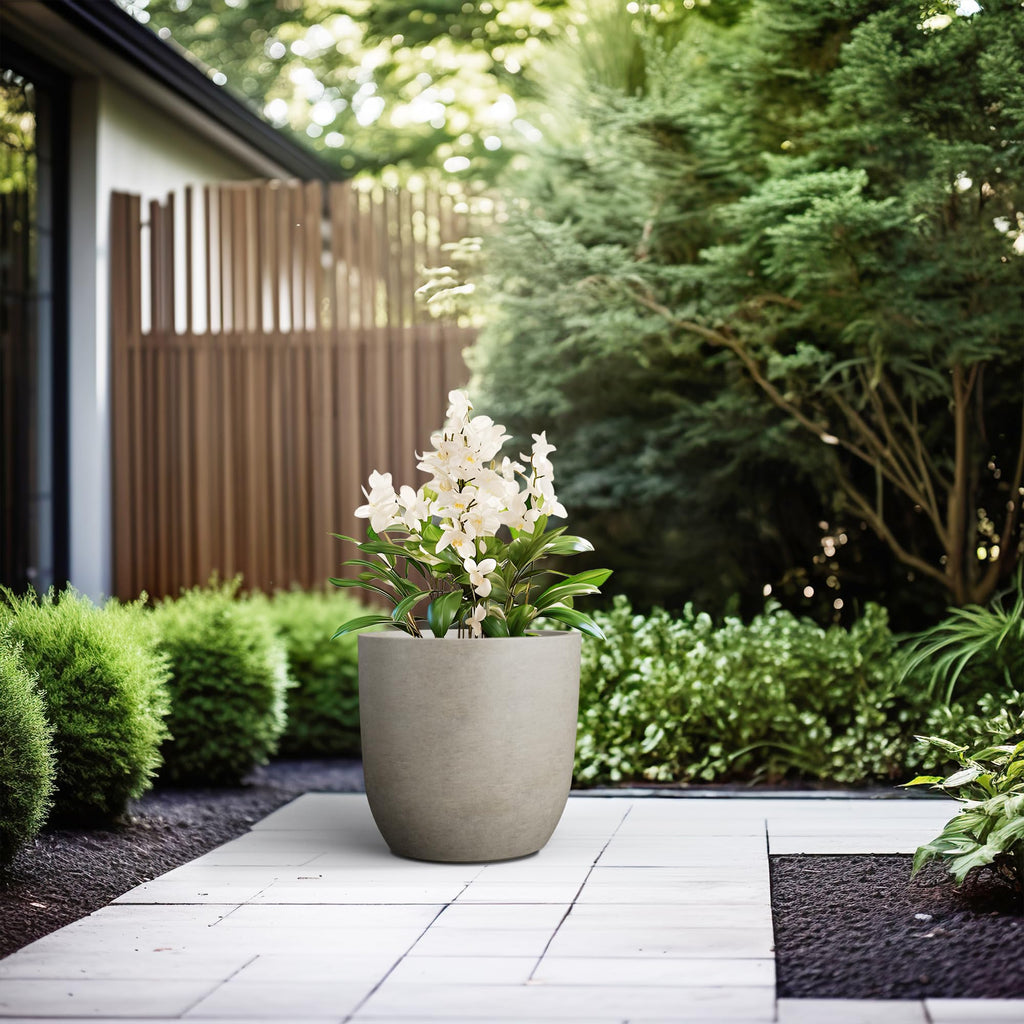 Accent Round Curved Weathered Concrete Planter 13.3" Dia, Outdoor