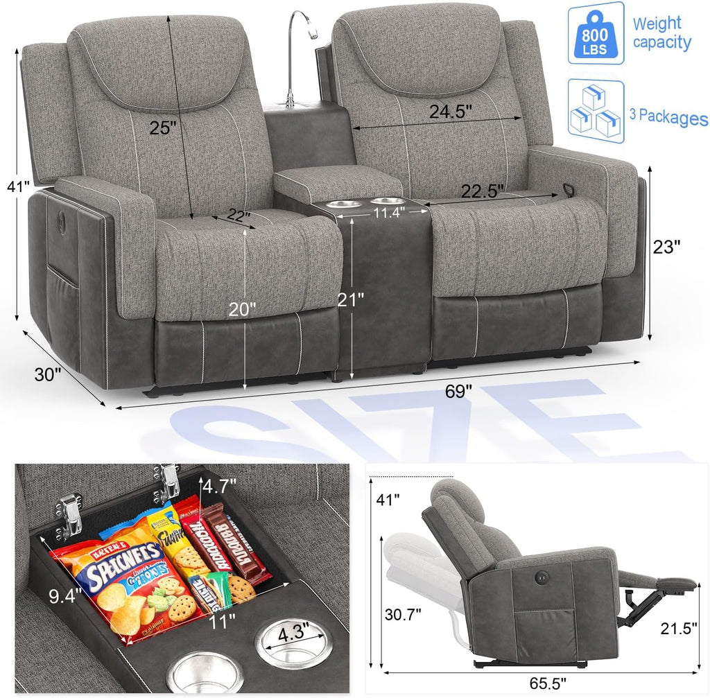 Manual Loveseat Recliner Sofa, Home Theater Seating with Touch Reading Light, Console with Cup Holders & Storage