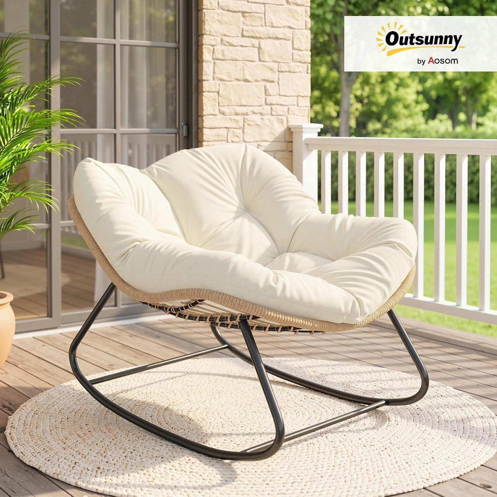 Papasan Rocking Chair Oversized Indoor Outdoor Cushion Beige | Wicker, PE Rattan, Outdoor Rocker Egg Chairs, Living