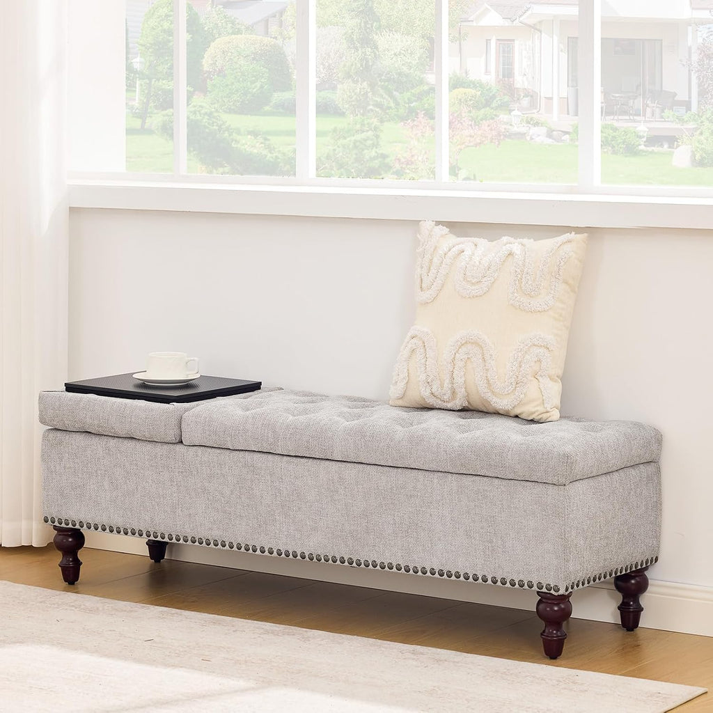55" Storage Ottoman Bench, Tufted End of Bed Bench, Light Gray | 55" Tufted Storage Bench with 2 Compartments