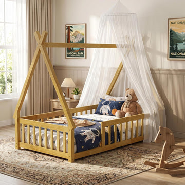 Floor Bed for Kids, Twin Size Teepee Tent Beds, Montessori Floor Bed with Slats and Fence Rails, Wood House Bed Frame
