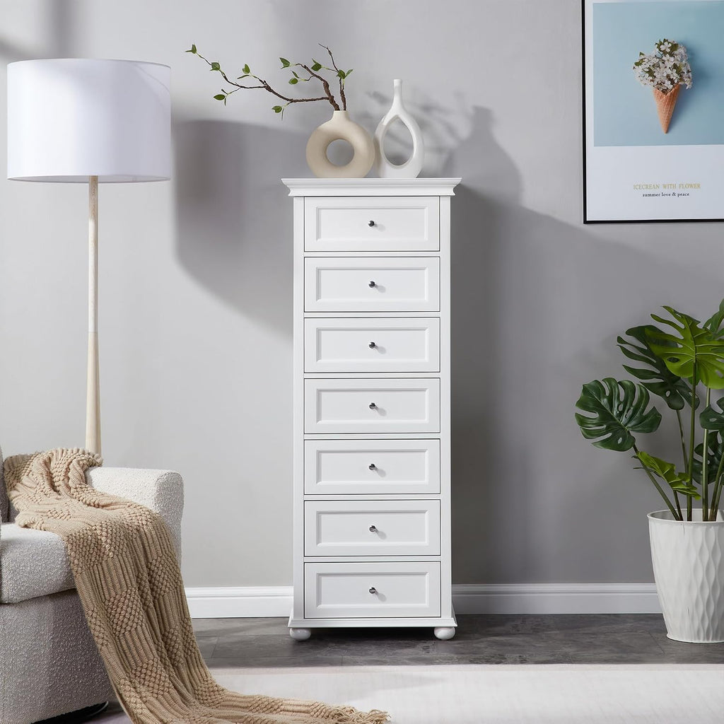 Tall White Dresser with 7 Drawers, 52" Tall Skinny Dresser | Modern White Tall Chest of Drawers Dresser,Wooden