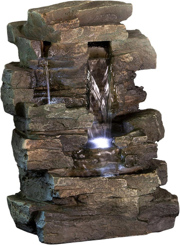 13" Tall Indoor Tabletop Water Fountain, 4 Tier Cascading Water Feature with LED Lights, or Zen Decor, Gray