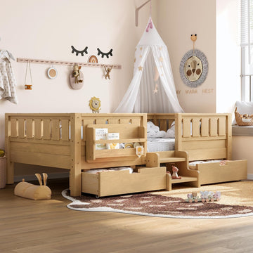 Twin Floor Bed with Stairs, Rails and Slats, Twin Size Montessori Floor Bed with Bookshelf and 2 Storage Drawers