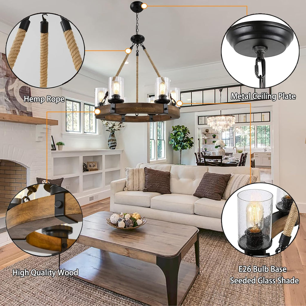 Inspired Camino Style Chandelier - Rustic 6 Light Round Wood Wagon Wheel Chandelier with Seeded Glass Shade, Farmhouse for Dining Room, Kitchen Island, Foyer and Entryway