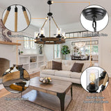 Rustic 6 Light Wagon Wheel Chandelier, Round Wood Pendant Light with Seeded Glass Shade, Farmhouse Chandeliers for Dining Room Kitchen Island Foyer Entryway A105-B0BMLBWN39