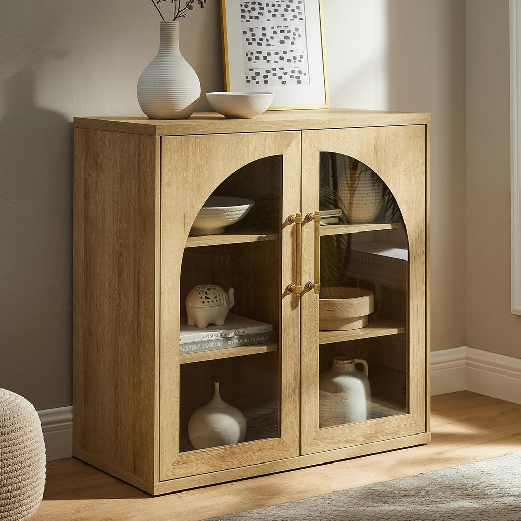 Glass Arched Door Sideboard Buffet Cabinet Set of 2, Accent Cabinet with Adjustable Shelf