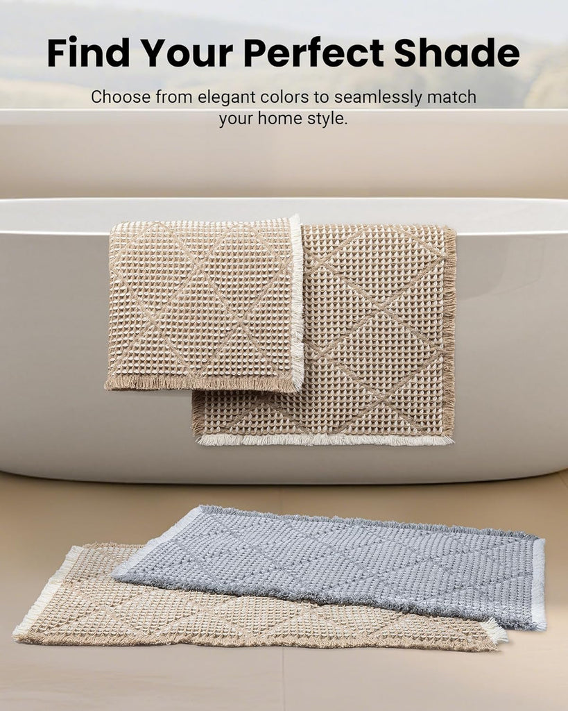 Waffle Bath Mat Set, Non Slip Bathroom Rugs Sets 2 Piece, Ultra Absorbent Long Bath Rug Runner Decor, Machine