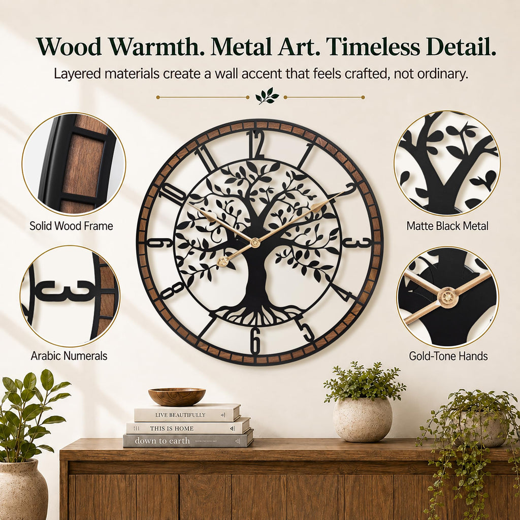 24 Inch Large Modern Metal Tree Wall Clock Decor, Wood Frame