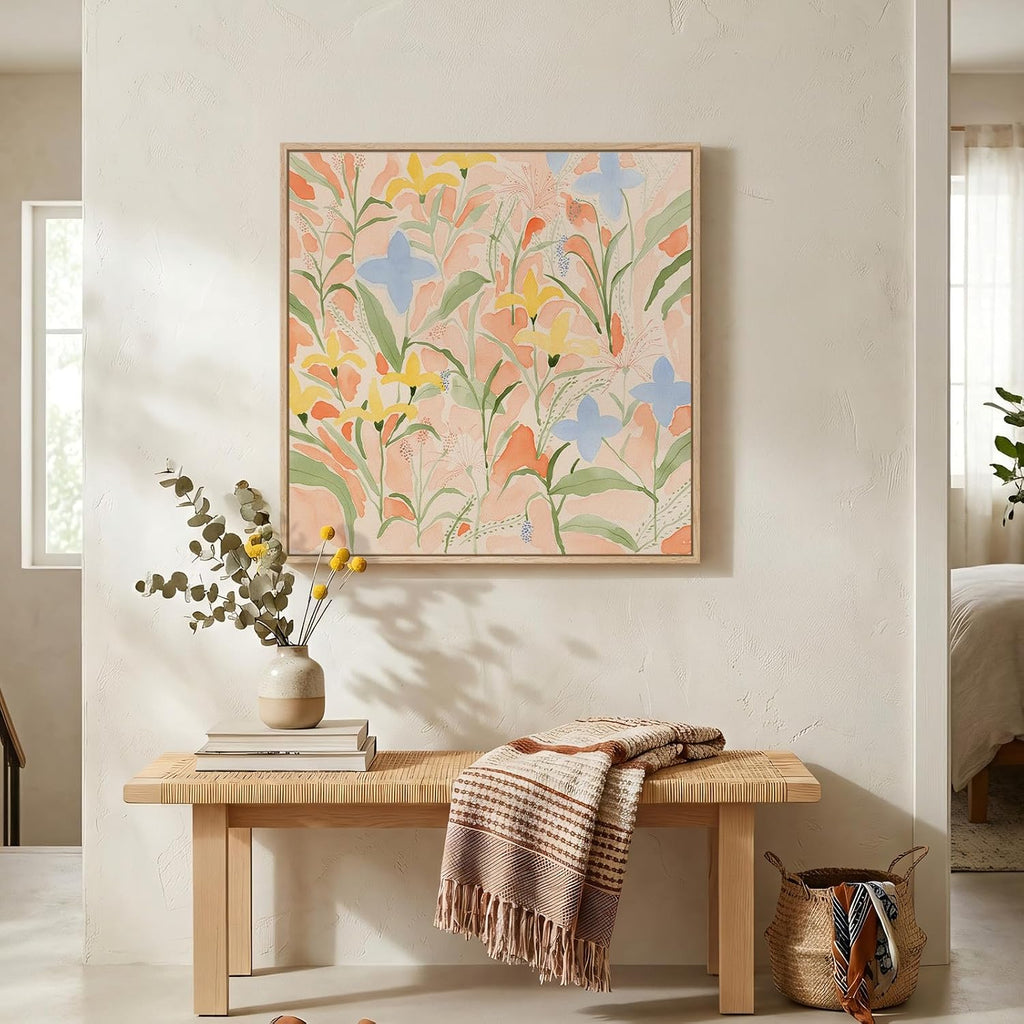 Framed Square Boho Abstract Floral Wall Art , Neutral Flower Watercolor Painting Print Canvas Artwork for Walls