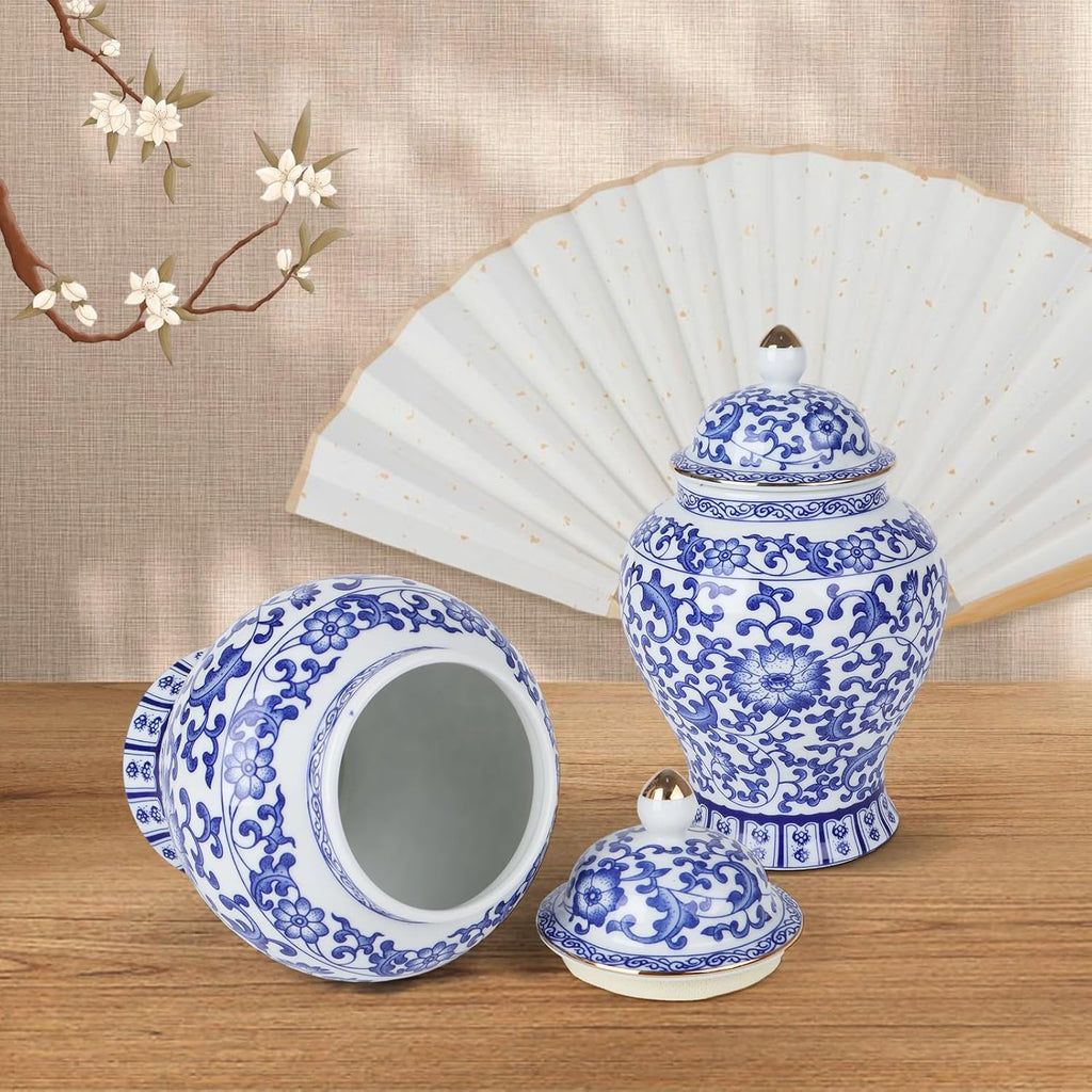Chinoiserie Ginger Jar,7.6 Inch Ceramic Blue and White Ginger Jar w/Lid,Porcelain Ginger Jars Vase,Coffee