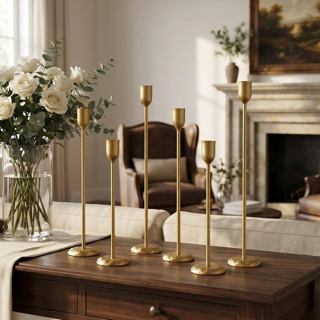 Brass Candlestick Holders Set of 6 - Antique Gold Iron Candle Holders for Christmas, Birthday, Wedding, Party, Dining
