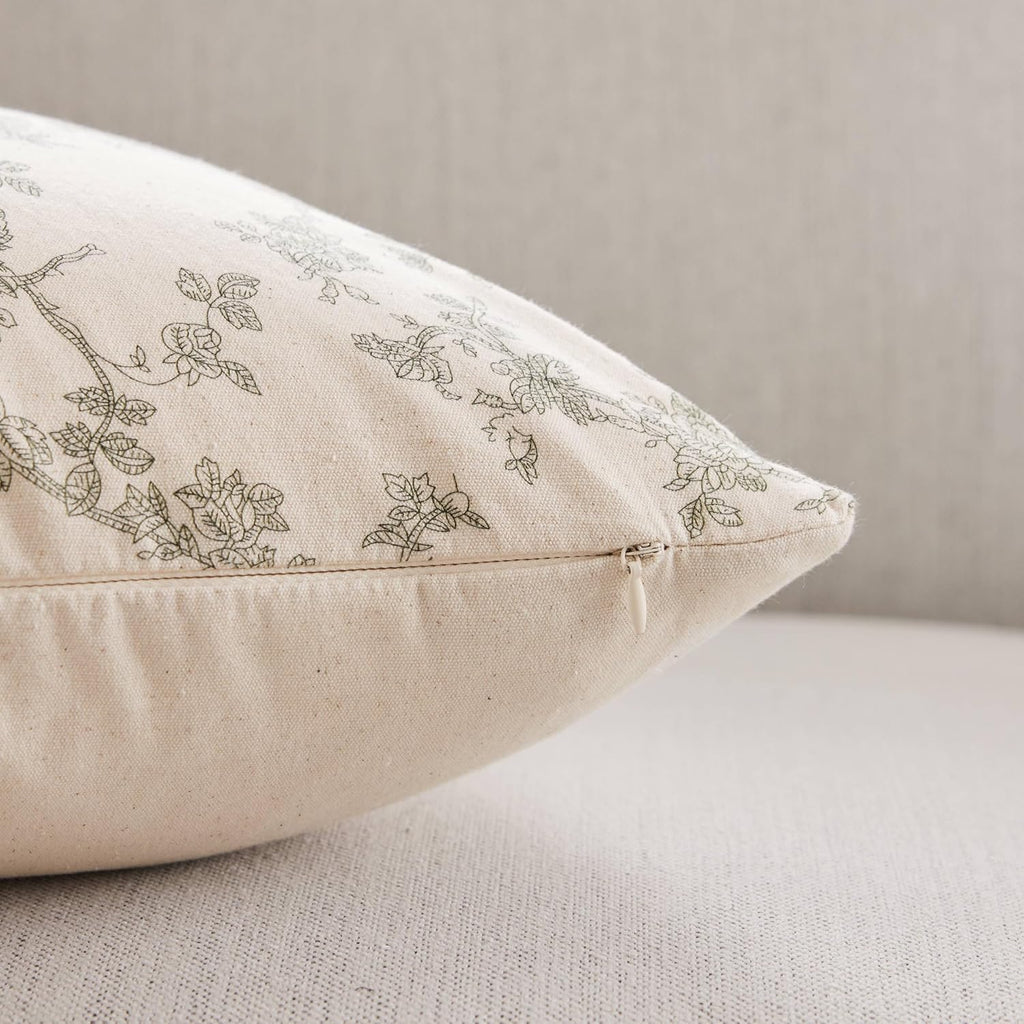 100% Cotton French Pastoral Lumbar Throw Pillow Covers Set of 2, 12x20 Inch Green Farmhouse Decorative Cushion Covers