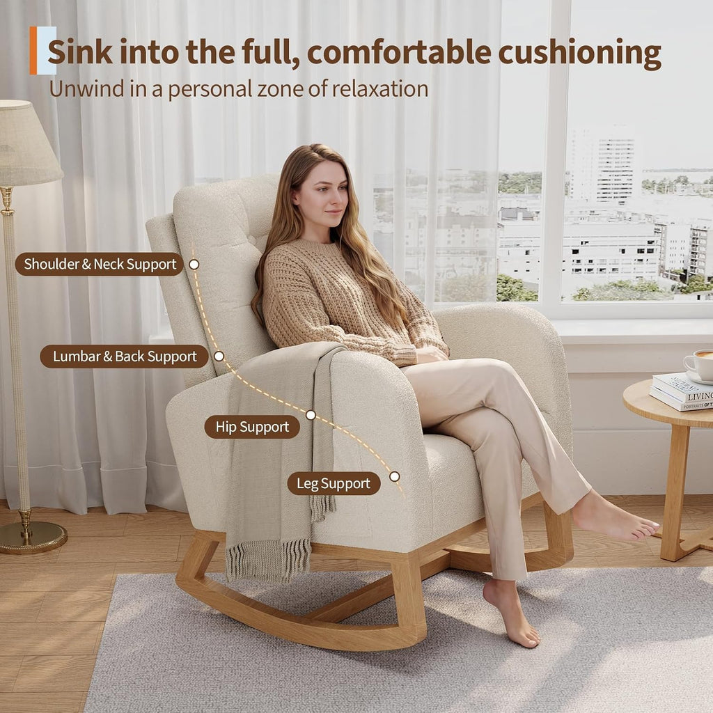 Modern Rocking Chair -Beige | Comfortable Recliner Rocker with Side Pocket, Soft Linen Upholstered Glider Chair