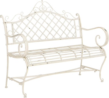 Outdoor - Abner Outdoor Iron Garden Bench - Antique White - Scrollwork Design - Ideal , Deck, Porch, Garden, 17" Seat