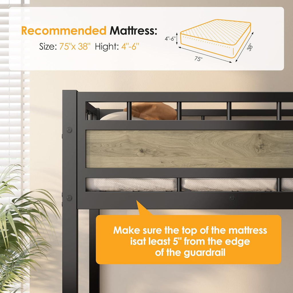 Loft Bed Twin with Stairs, 53.5” Under-Space for Sofa and Desk, More Stable and Safe Industrial Metal Frame for Teens