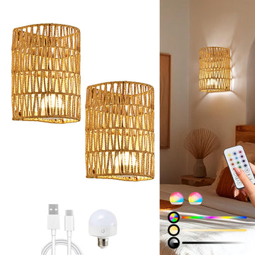 Battery Operated Rattan Wall Sconces Set of Two Cordless Remote RGB
