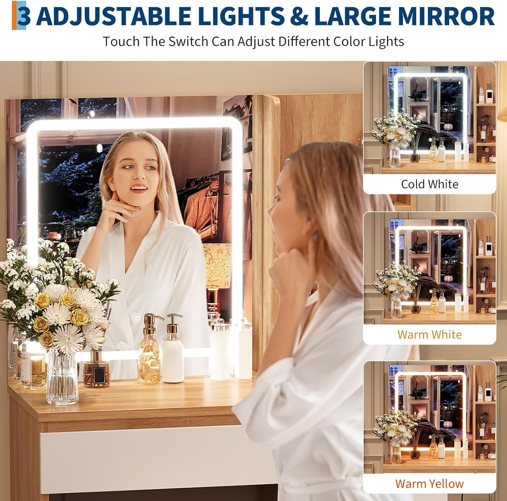 Makeup Vanity Desk with 3-Color LED Lighted Mirror, 4 Drawers & Power Outlet, Vanity Set with Charging Station