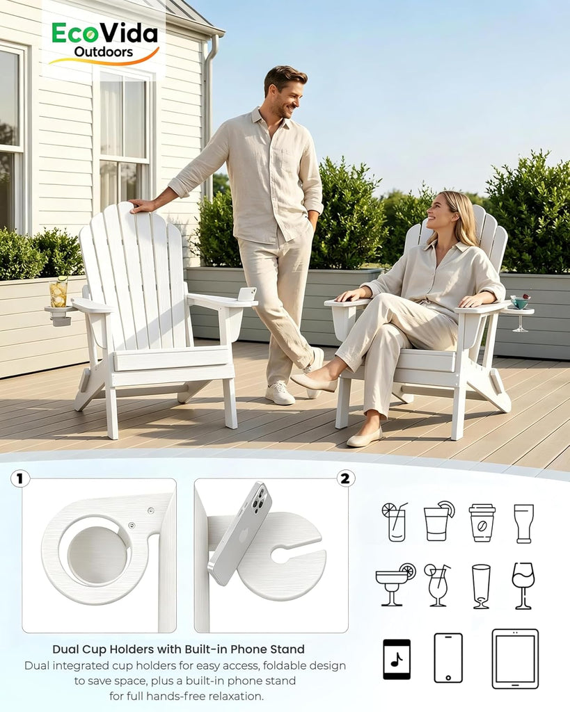 Fold Adirondack Chairs Set of 4, Double Cup Holders, White | HDPE Patio Chair, All Weather Fire Pit Chairs, 380lbs