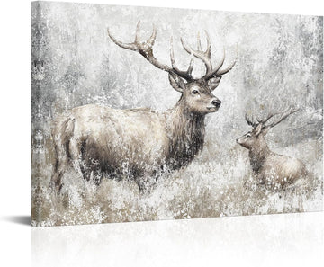 Deer Canvas Wall Art Vintage Elk Painting Prints Rustic Farmhouse Kitchen Decor Wildlife Artwork Framed Ready to Hang