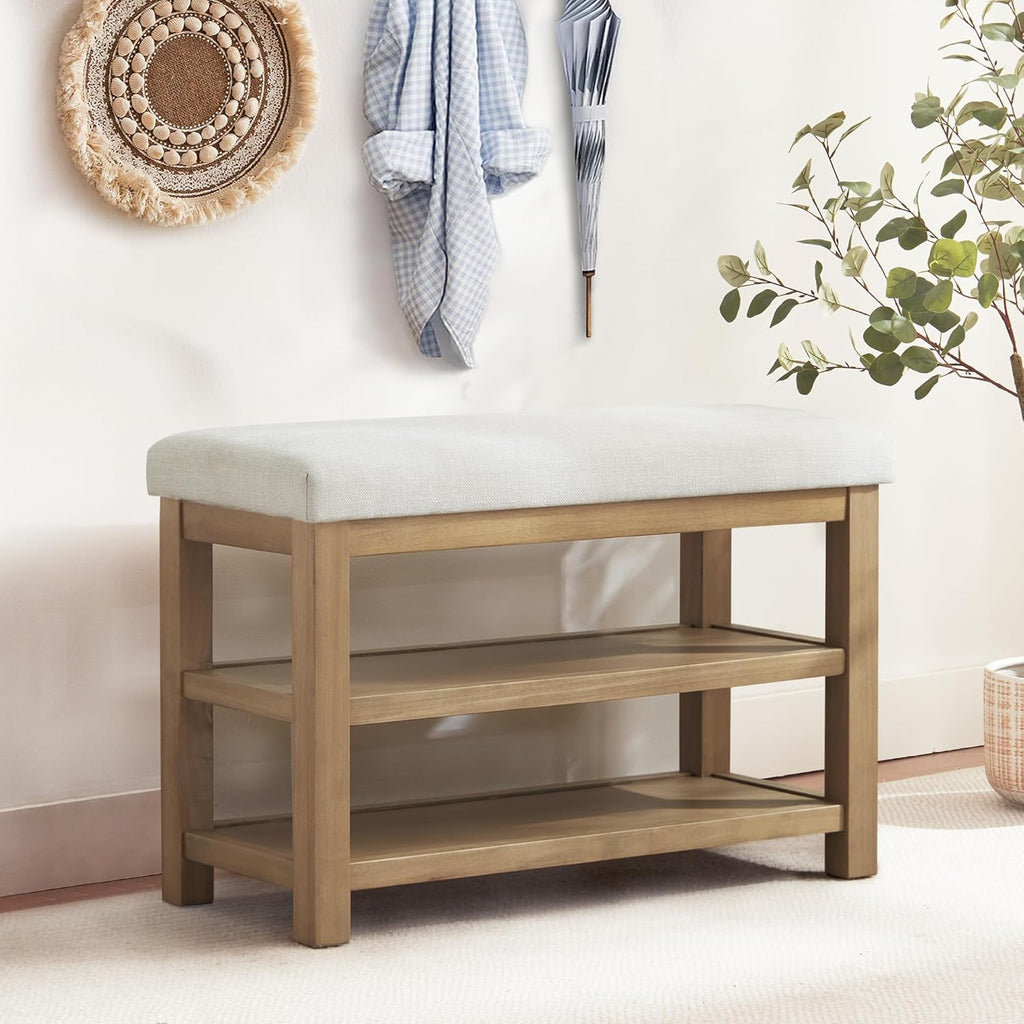 2 Tier Shoe Rack Bench with Cushion, Solid Wood Shoe Benches, Mid-Century Modern Shoe Storage Bench , Closet, Front