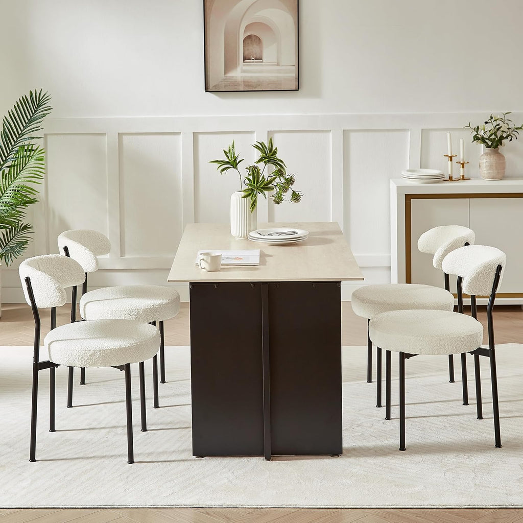 Dining Chairs, Beige Boucle Dining Chairs Set of 4, Kitchen Dining Room Chairs Curved Backrest Upholstered Mid