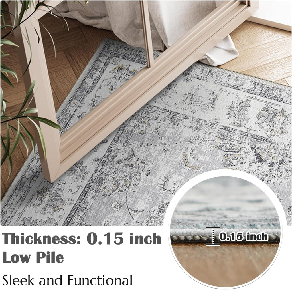 Vintage Floral Area Rug, Washable Entryway Rug, Grey