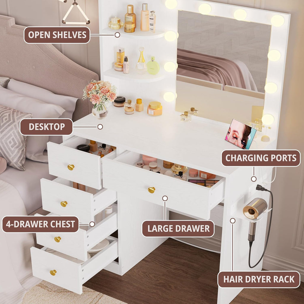 Vanity Desk with Mirror and Lights, White | Small Makeup Vanity Table, 5 Drawers, Power Outlet, Vanity Stool