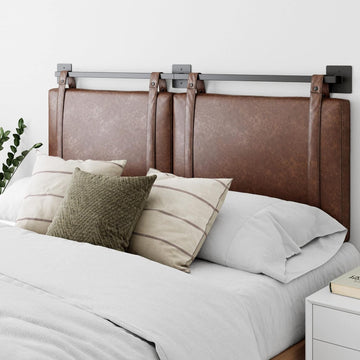 Harlow Modern Wall Mount Hanging Headboard, King, Brown Faux Leather