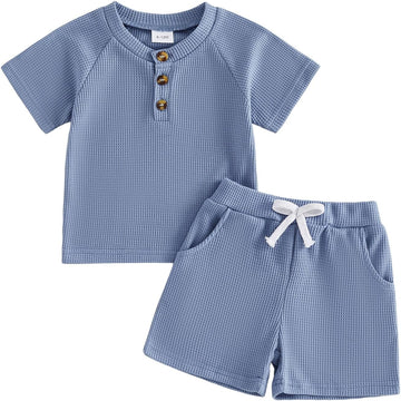 Toddler Baby Boy Summer Clothes Button Waffle Short Sleeve T-Shirt Top Elastic Waist Shorts Set 2Pcs Infant Outfit