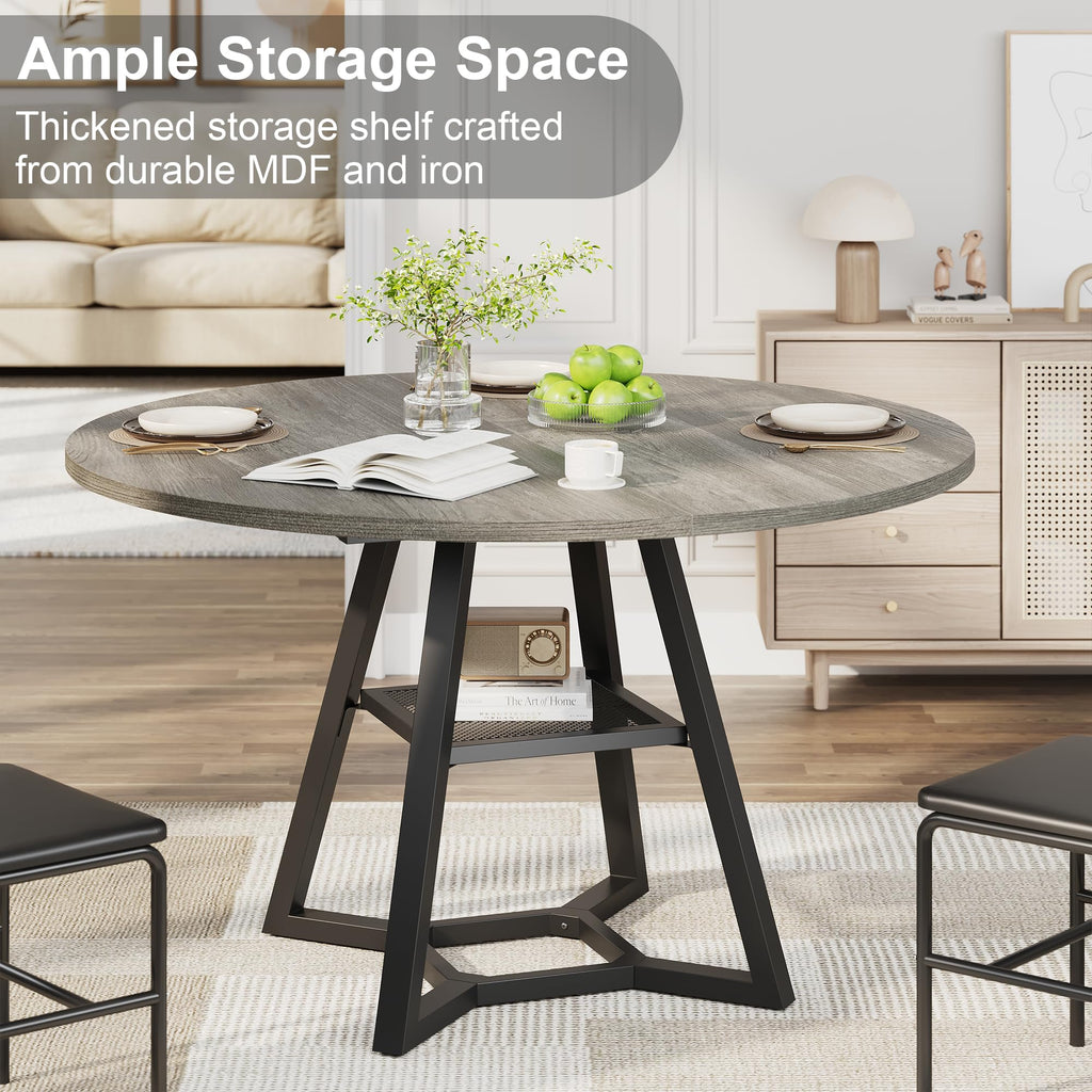 47" Round Dining Table for 4, Kitchen Tables Dining Room Circle Dinner Table with Pedestal Metal Frame, Space Saving