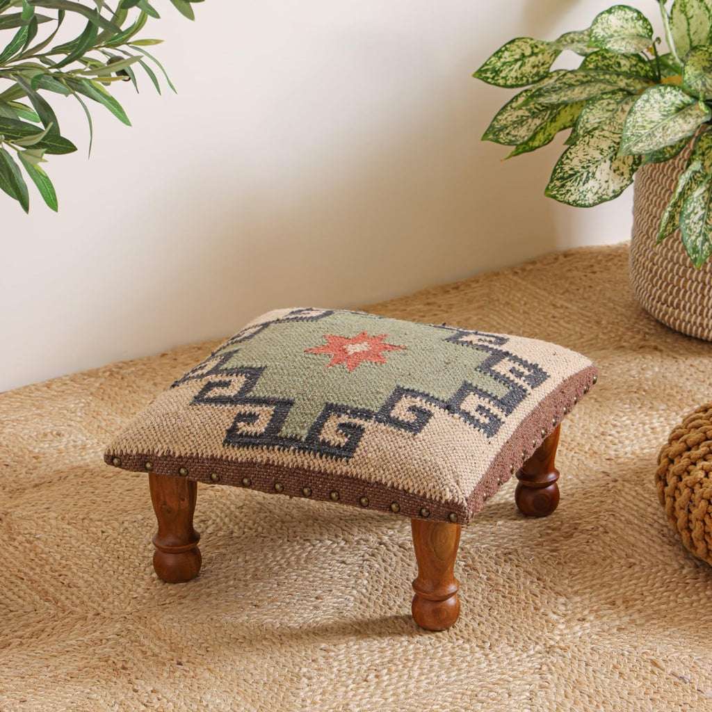 Upholstered Ottoman Footstool with Tribal Aztec Fabric | Rustic Wooden Accent Stool with Turned Legs | Decorative