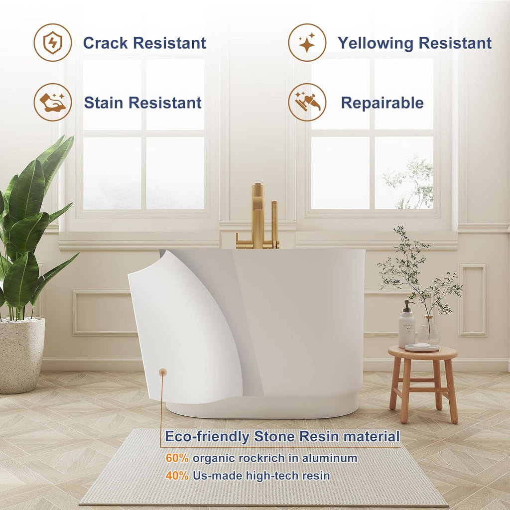 Solid Surface Japanese Soaking Tub, 39" Small Freestanding Bathtub, Stone Resin Deep Soak Stand Alone Tub for Small