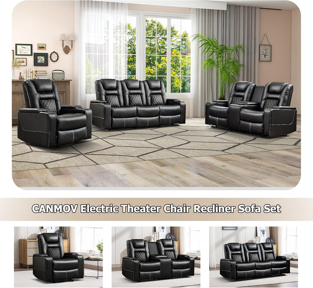 Home Theater Seating Seats, Theater Recliner Chair Sofa, PU Leather 3 seat Power Recliner Sofa with Cup Holders