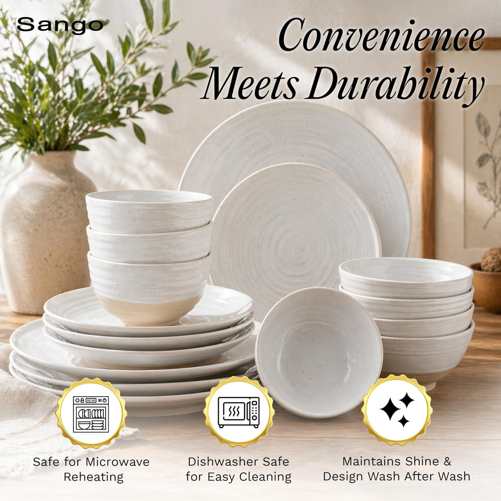 Siterra 16-Piece Rustic White Stoneware Dinnerware Set - Service for 4, White with Glossy Speckle Overlay