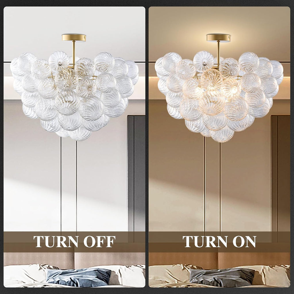 Semi Flush Mount Bubble Ball Chandelier Lighting 24 Inches Gold Clear Ribbed Blown Glass Chandeliers Ceiling Light
