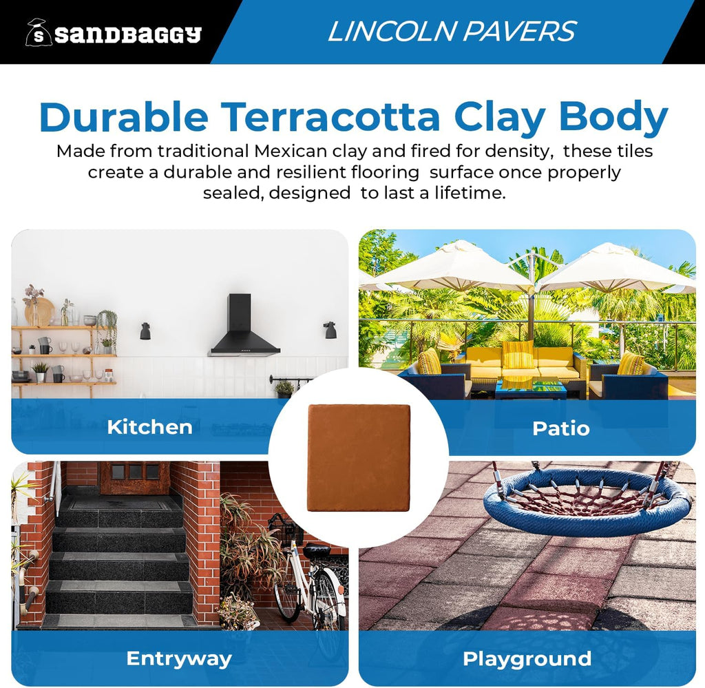 Lincoln Saltillo Tile 12x12 | Unsealed Handmade Square Mexican Terracotta Floor Tile - (12x12, 10, Count)