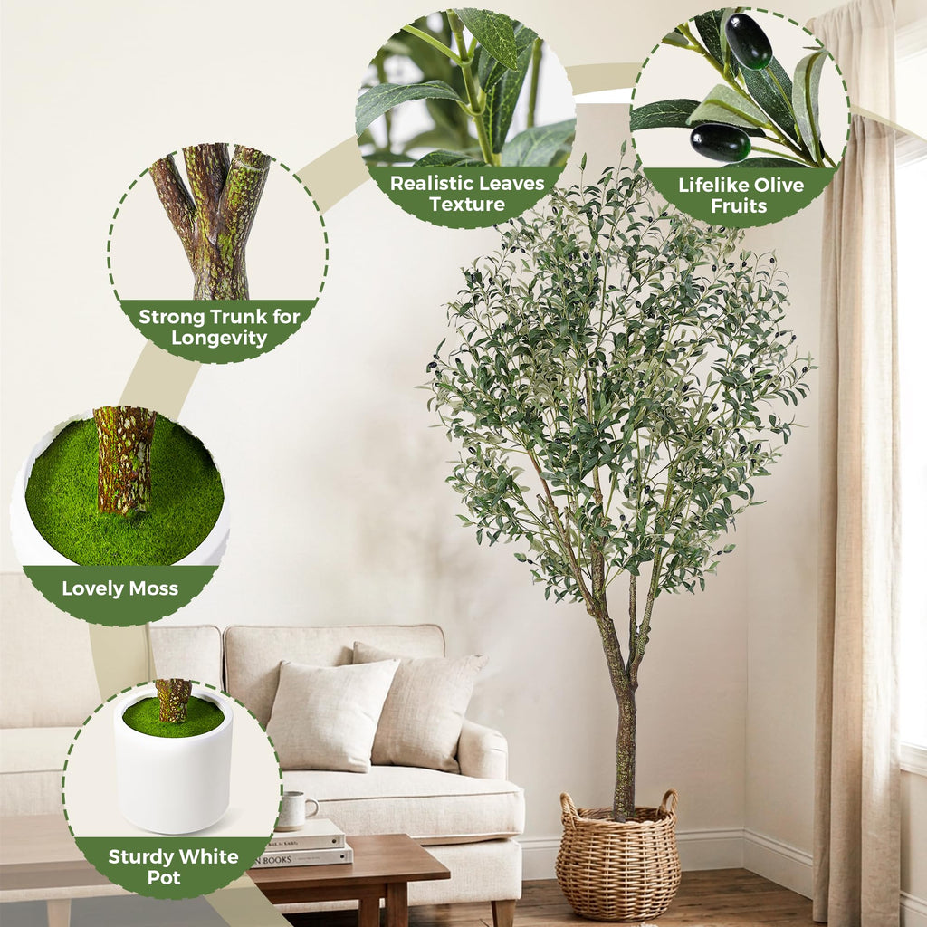 Artificial Olive Tree 7FT, Indoor Fake Silk Plant with Realistic Trunk, Leaves, Fruits and White Planter, Faux Potted