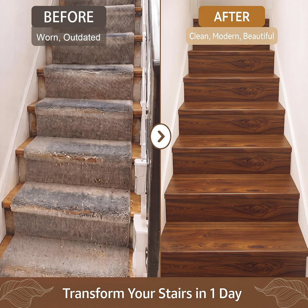 2 Set 4 Pcs Vinyl Stair Tread & Riser Kit, Waterproof Scratch Resistant | 48" x 11.8" Stair Treads with 48" x 7.5"