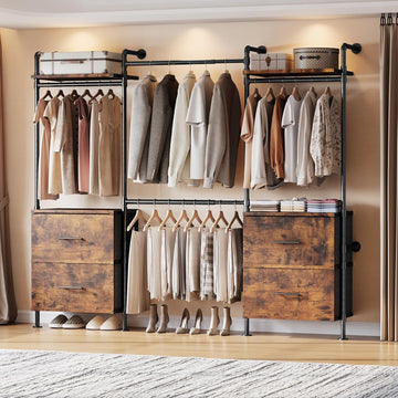 T4 Wall Mounted Closet System, Industrial Pipe Clothing Rack with 8 Wooden Shelves, 4 Drawers & 4 Hanging Rods (2