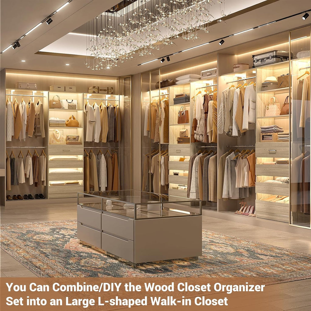 Closet System with 4 Drawers, 8FT Wood Closet Organizer System, 96'' Closet Built In System Tower with Shelves