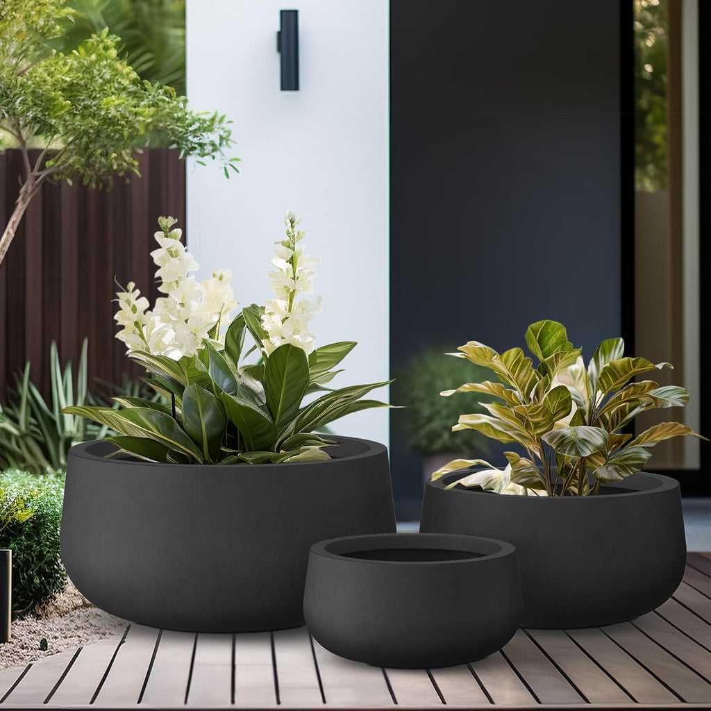 Set of 3 Black Concrete Bowl Planters 19.6" 16" 19.6" Dia | Drainage for Outdoor, Rubber Plug for Indoor Home