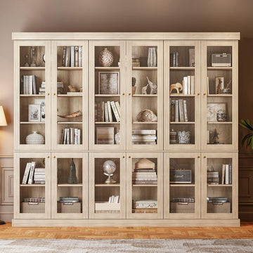 70.8" Tall Brown Bookshelf with Glass Doors, Farmhouse Modular Bookcase with 6-Tier Adjustable Shelves, Large Storage