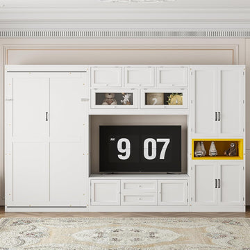 Twin Murphy Bed with TV Stand and Storage, Solid Wood Construction - White, Space-Saving Design